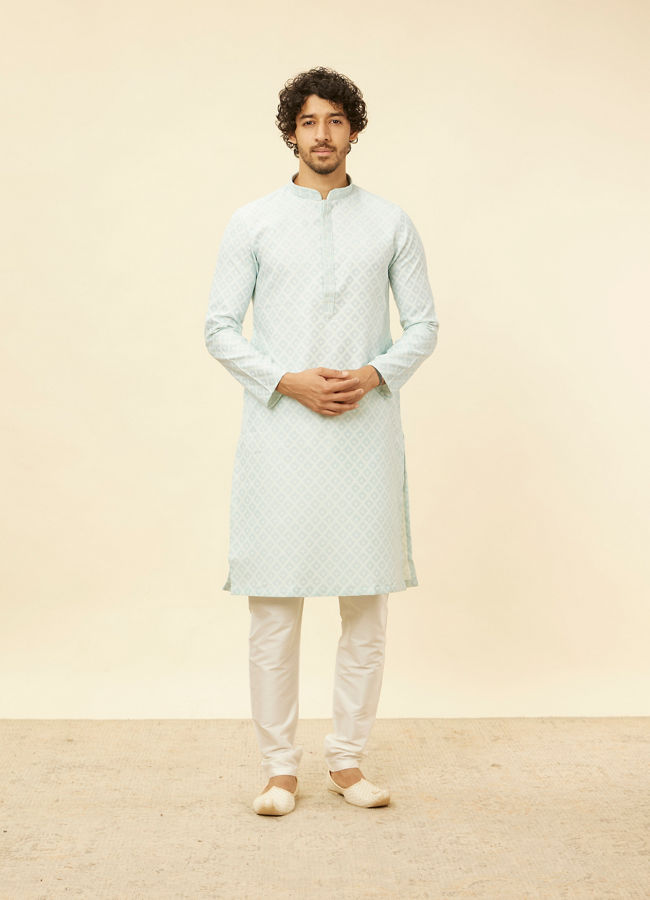 alt message - Manyavar Men Aquamarine Blue Grid Patterned Kurta Set image number 2